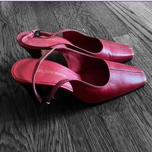 Red leather high heel pump